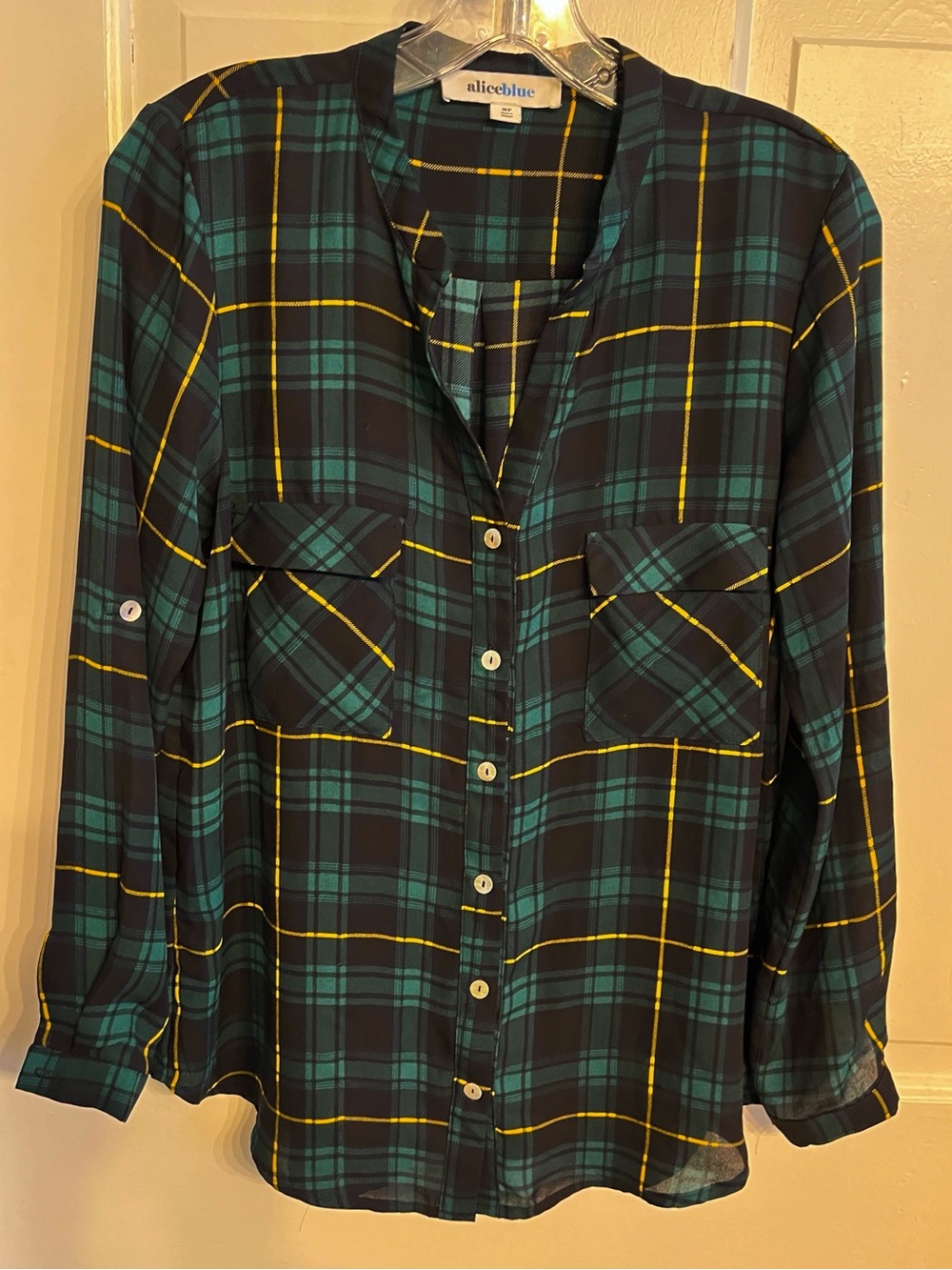 Alice Blue Green and Yellow Plaid Button-Down Blouse
